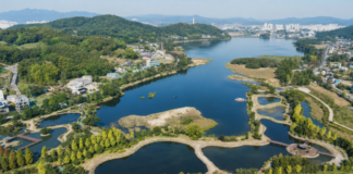 아산 신정호수공원 연꽃정원과 중앙 정자 전경