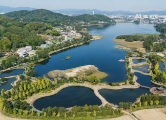 아산 신정호수공원 연꽃정원과 중앙 정자 전경