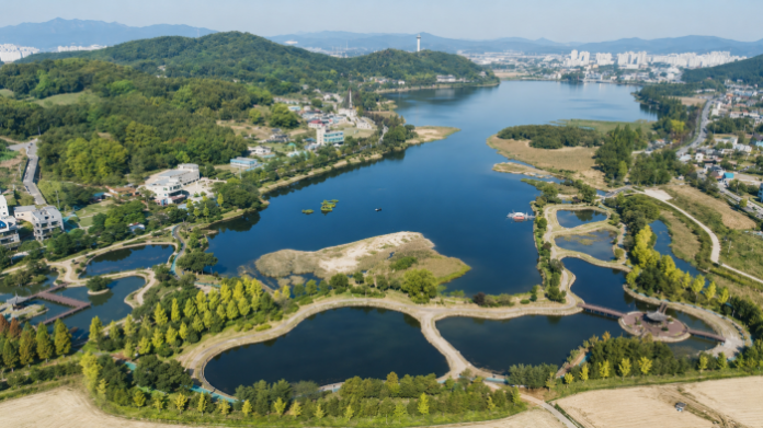 아산 신정호수공원 연꽃정원과 중앙 정자 전경