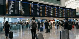 국제공항 출발 안내판 아래에서 항공편을 확인하는 여행객들