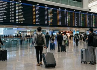 국제공항 출발 안내판 아래에서 항공편을 확인하는 여행객들