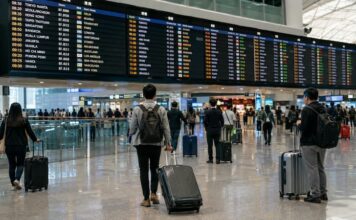 국제공항 출발 안내판 아래에서 항공편을 확인하는 여행객들