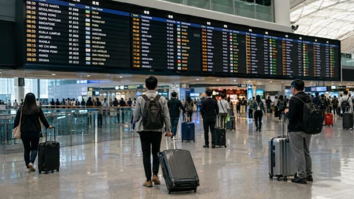 asia-airfare-capacity-cut-2026 국제공항 출발 안내판 아래에서 항공편을 확인하는 여행객들
