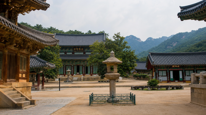 법주사 전각과 석등이 보이는 넓은 경내
