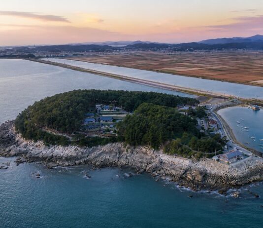 서해와 남포방조제에 둘러싸인 보령 죽도 상화원 항공 전경