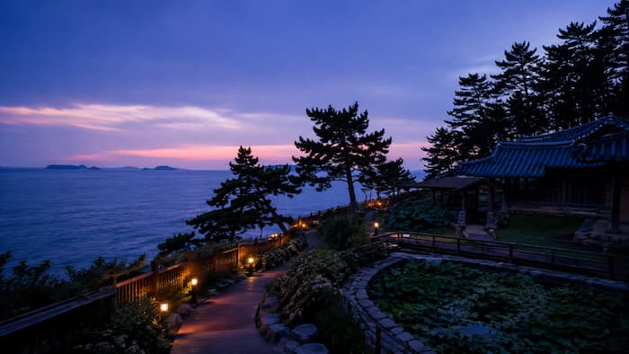 해 질 무렵 서해와 한옥을 바라보는 보령 상화원 석양정원