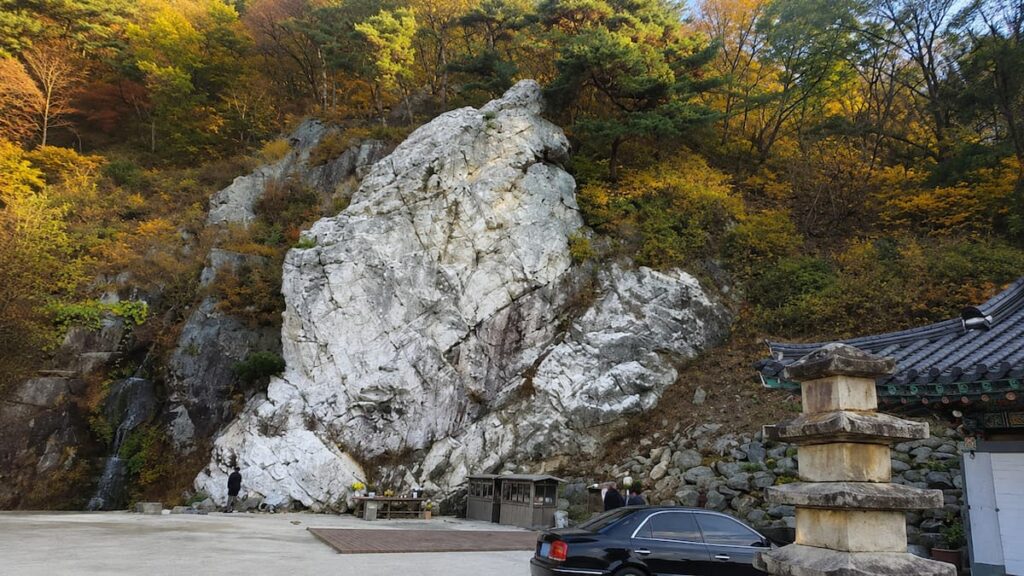부여 미암사 산자락의 대형 금빛 와불과 주변 금불상