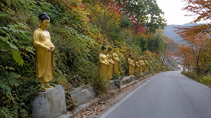 부여 미암사 경내의 전통 기와지붕 사찰 전각