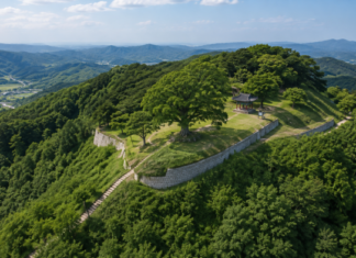 부여 가림성 정상 성흥산 사랑나무와 능선 풍경