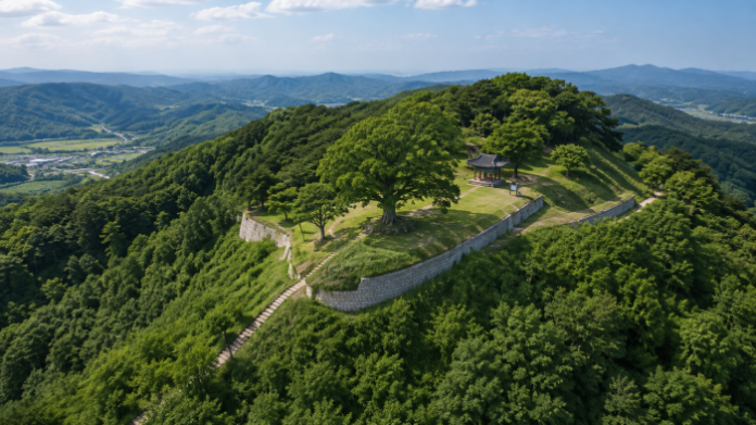 부여 가림성 정상 성흥산 사랑나무와 능선 풍경
