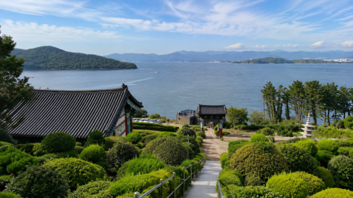 changwon-jangsuam-temple-ocean-view 창원 장수암 전각과 정원 너머로 펼쳐진 마산 앞바다