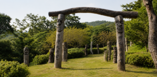 청주 구룡산 장승공원 숲 입구와 목조 장승