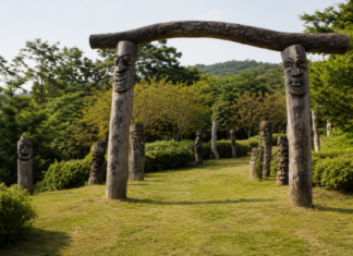청주 구룡산 장승공원, 폭설에 쓰러진 소나무가 600여 장승 됐다…대청호까지 걷는 무료 숲길 청주 구룡산 장승공원 숲 입구와 목조 장승
