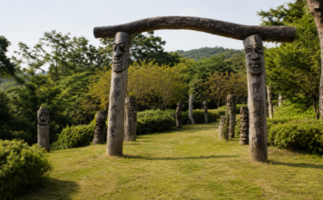 청주 구룡산 장승공원, 폭설에 쓰러진 소나무가 600여 장승 됐다…대청호까지 걷는 무료 숲길 청주 구룡산 장승공원 숲 입구와 목조 장승