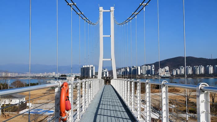조명이 켜진 춘천 의암호 주변 수변 보행 공간