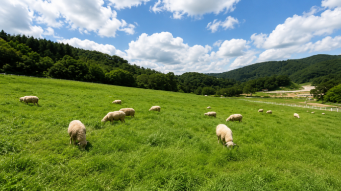 daegwallyeong-sky-ranch-sheep-pasture 푸른 고원 초지에서 양들이 풀을 뜯는 대관령 하늘목장
