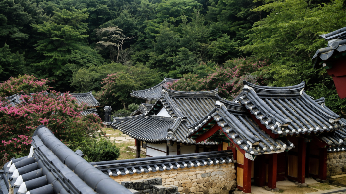 배롱나무꽃 사이로 보이는 담양 죽림서원 현판