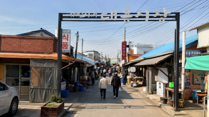 강화 교동도 대룡시장 입구와 시장 골목
