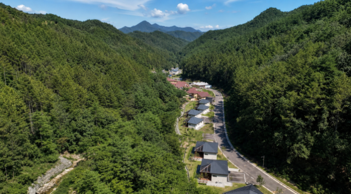 울창한 산림 계곡에 자리한 국립금산자연휴양림 숙박동 전경