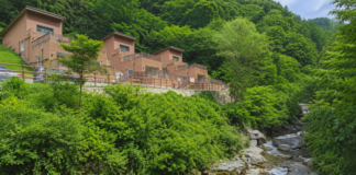 김천 수도산자연휴양림 계곡 옆 숲속 숙박시설