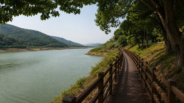 고령 중화저수지 나무그늘 수변 데크길