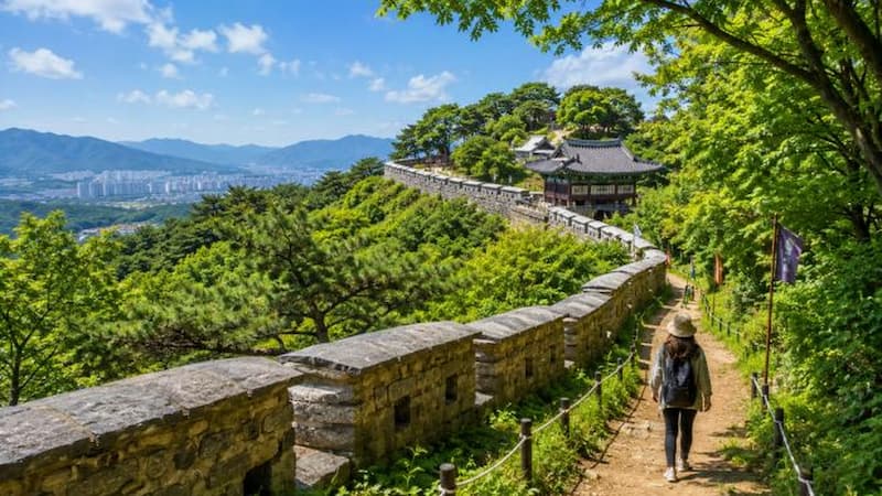 푸른 여름 숲과 남한산성 성곽길, 수어장대 풍경