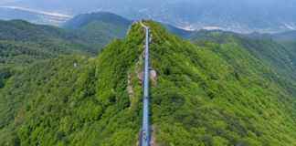 하동 성제봉 신선대 구름다리, 해발 900m 능선에서 섬진강과 평사리를 내려다보는 137m 하늘길 하동 성제봉 신선대 구름다리와 지리산 능선 항공 전경