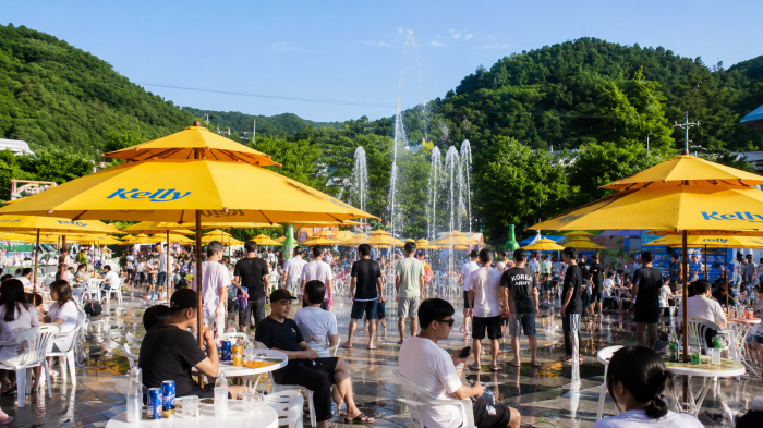 홍천강 맥주축제 낮 시간 맥주광장과 분수