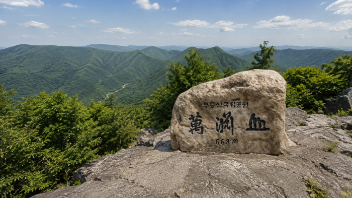 화순 만연산 668m 정상석과 산 능선