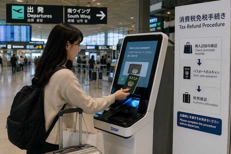 일본 국제공항 면세절차 단말기에서 대한민국 여권을 확인하는 한국인 여행객
