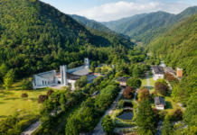 산으로 둘러싸인 제천 배론성지와 성당, 정원 전경