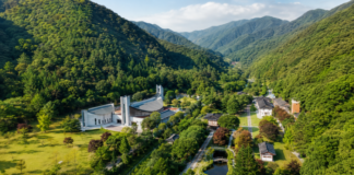 산으로 둘러싸인 제천 배론성지와 성당, 정원 전경