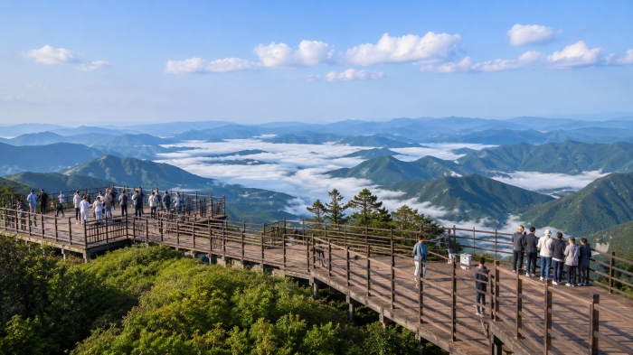 가리왕산 케이블카 상부역과 데크로드, 주변 산림 전경