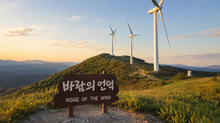 태백 매봉산 바람의 언덕 표지와 능선 풍력발전기