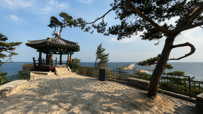 소나무 아래 자리한 낙산사 의상대와 동해 조망