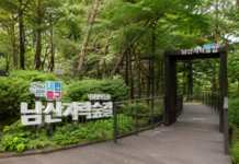 서울 남산자락숲길 입구와 숲속 무장애 데크길