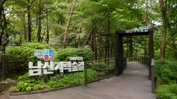 서울 남산자락숲길 입구와 숲속 무장애 데크길