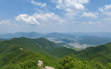 남양주 천마산 정상에서 바라본 여름 산 능선과 도심 전경