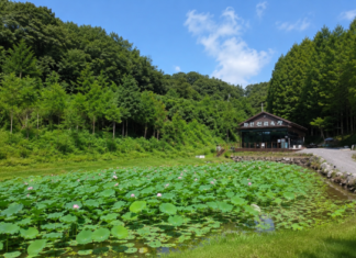 옥천 화인산림욕장 연꽃 연못과 본관 전경