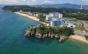넓은 백사장과 푸른 동해가 펼쳐진 삼척해수욕장 항공 전경