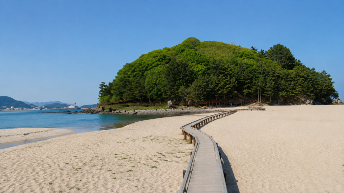 삼척 덕봉산 바위 해안 앞에 마련된 전망데크와 동해 파도