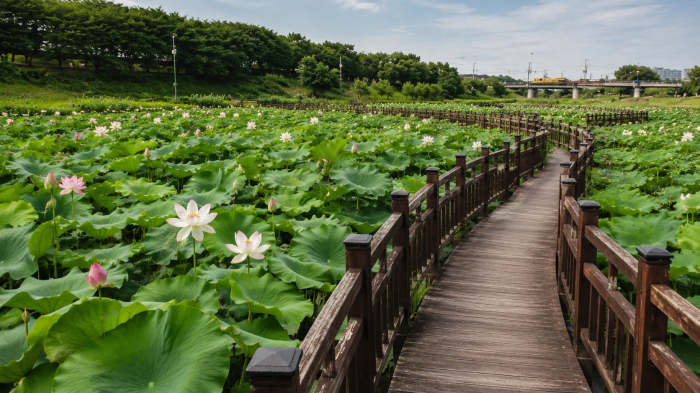 세종 조천연꽃공원 연꽃 사이 목재 데크길