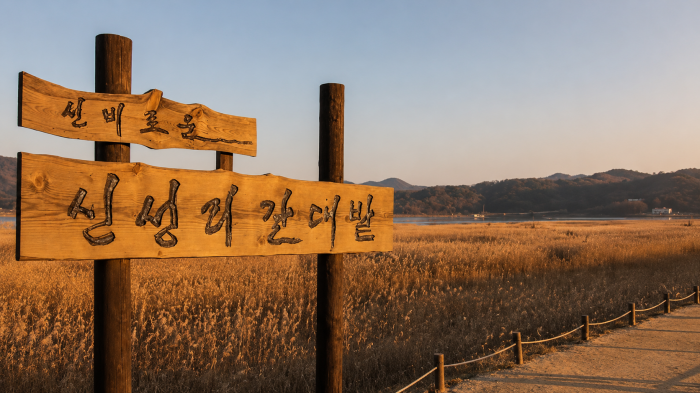 서천 신성리 갈대밭 안내 표지와 가을 갈대