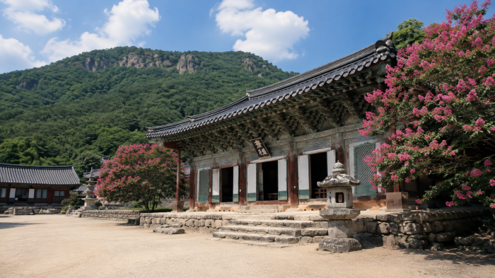 고창 선운사 전각과 배롱나무꽃이 어우러진 여름 풍경