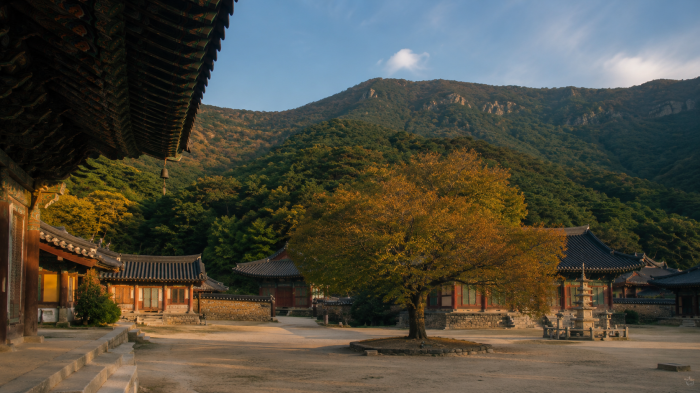 선운산을 배경으로 펼쳐진 선운사 전각과 넓은 마당