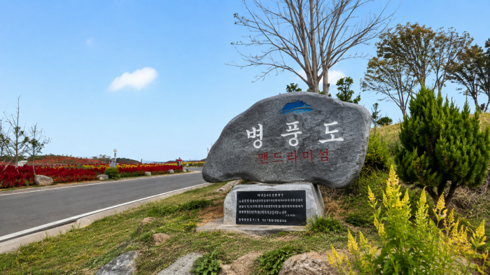병풍도 맨드라미섬 표지석과 맨드라미 꽃밭