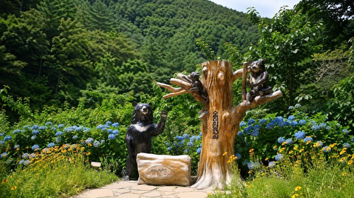 수도산자연휴양림 반달가슴곰 조형물과 여름 꽃밭