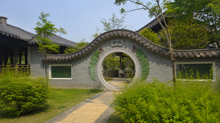 곡선형 담장과 둥근 월문이 이어지는 수원 월화원