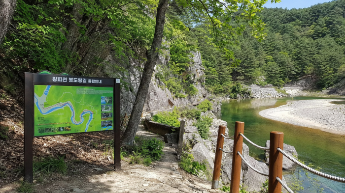 울진 왕피천 봇도랑길 안내판과 계곡
