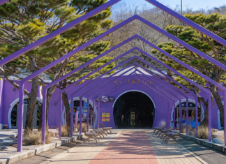 보라색 구조물과 동굴 입구가 이어지는 울산 자수정동굴나라